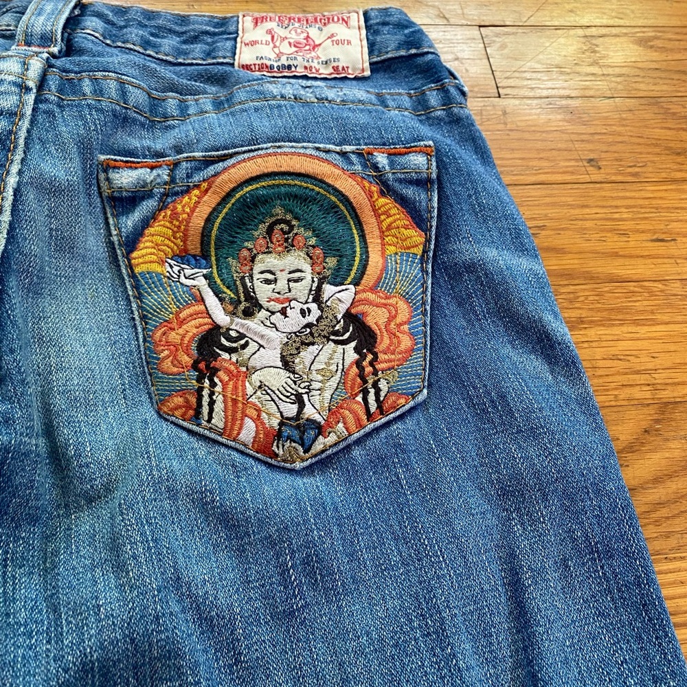True Religion Blue Boot Cut Jeans with Embroidered Pocket